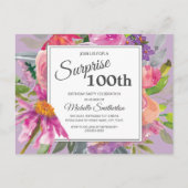 パープルピンク水彩フローラ100誕生日 ポストカード (正面)