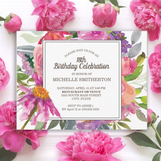 パープルピンク水彩フローラ18th誕生日パーティー ポストカード