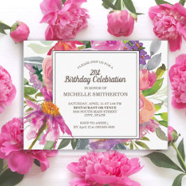 パープルピンク水彩フローラ21歳の誕生日パーティー ポストカード