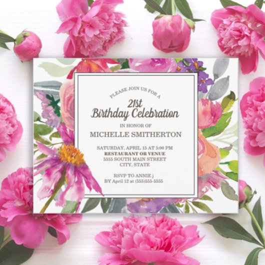 パープルピンク水彩フローラ21歳の誕生日パーティー ポストカード