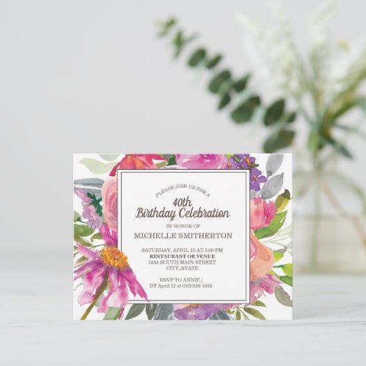 パープルピンク水彩フローラ40歳の誕生日パーティー ポストカード (スタンド正面)