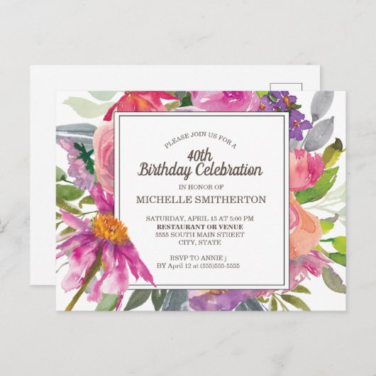 パープルピンク水彩フローラ40歳の誕生日パーティー ポストカード (正面/裏面)