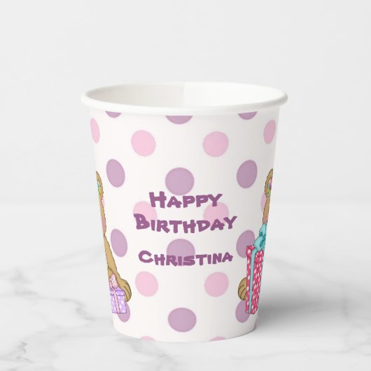 パープルピンク水玉模様ベア誕生日 紙コップ (左)