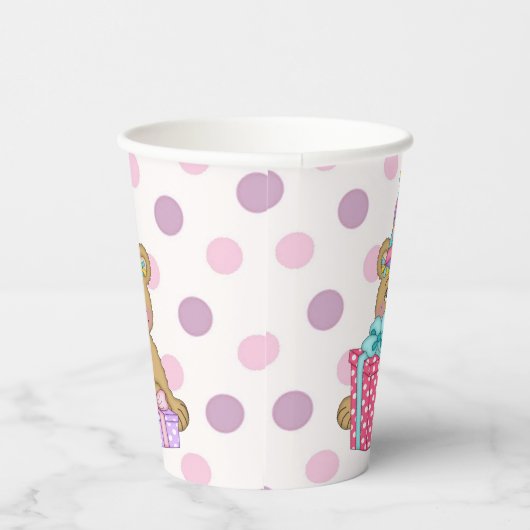パープルピンク水玉模様ベア誕生日 紙コップ (右)