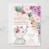 パープルピンク熱帯フローラゾウ誕生日 招待状 (正面)