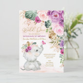 パープルピンク熱帯フローラゾウ誕生日 招待状 (スタンド正面)