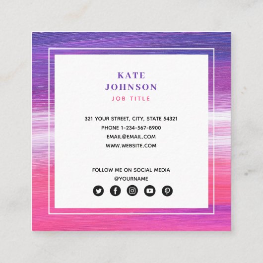 パープルピンク色彩の鮮やか抽象芸術QRコードSNS スクエア名刺 (裏面)
