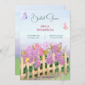 パープルピンク蝶ガーデンブライダルシャワー 招待状 (正面/裏面)