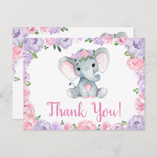 パープルピンク象ありがとうバラガールポストカード ポストカード (正面/裏面)
