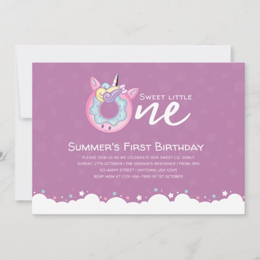 パープルピンク赤ちゃんガールスウィートワン誕生日ドーナツ 招待状 (正面)