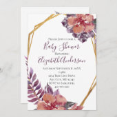 パープルピンク赤フローラ金ゴールドフレームベビーシャワー 招待状 (正面/裏面)