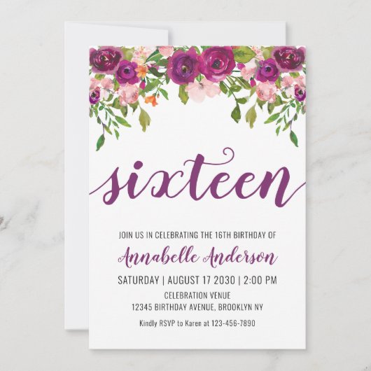 パープルピンク赤面フローラ水彩16誕生日 招待状 (正面)
