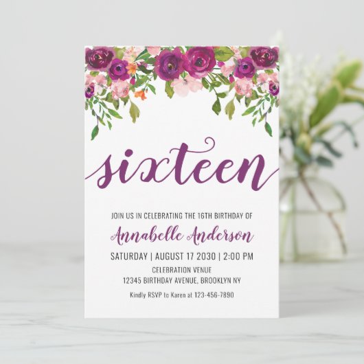 パープルピンク赤面フローラ水彩16誕生日 招待状 (スタンド正面)