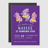 パープルピンク踊りユニコーンキッズバートンデイ マグネット招待状 (正面/裏面)