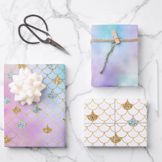 パープルピンク金ゴールドアクアグリッターマーメイドスパークル ラッピングペーパーシート (正面)