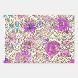 パープルピンク金ゴールドダマスクレースフローラ ラッピングペーパーシート