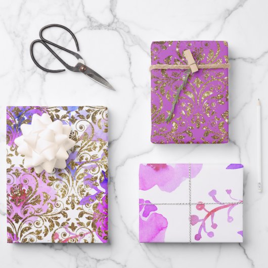 パープルピンク金ゴールドダマスクレースフローラ ラッピングペーパーシート (正面)
