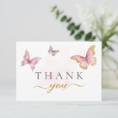 パープルピンク金ゴールドバタフライガールベビーシャワー サンキューカード (スタンド正面)