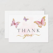 パープルピンク金ゴールドバタフライガールベビーシャワー サンキューカード (正面/裏面)