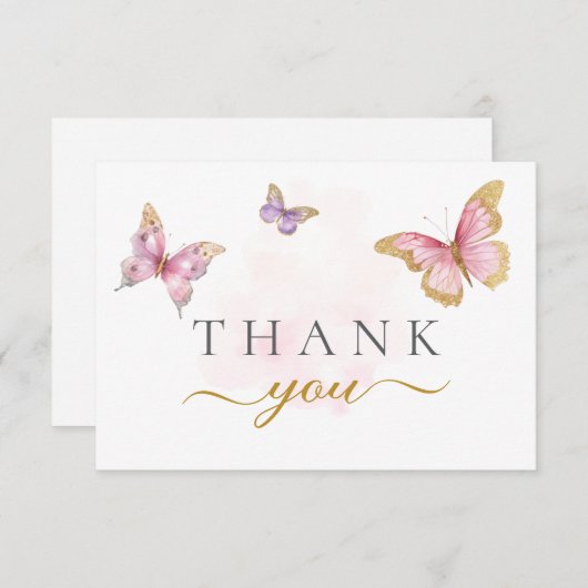 パープルピンク金ゴールドバタフライガールベビーシャワー サンキューカード (正面/裏面)