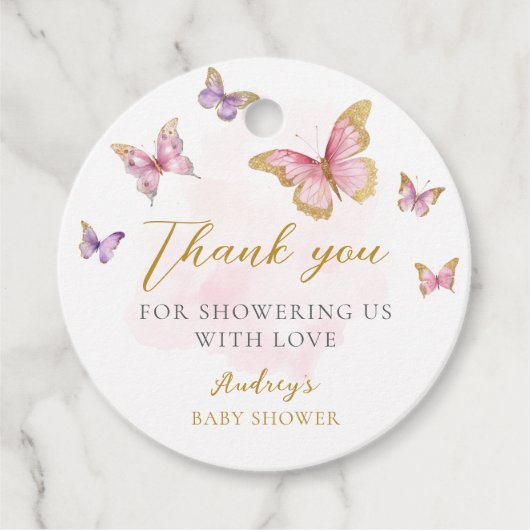 パープルピンク金ゴールドバタフライガールベビーシャワー フェイバータグ (正面)