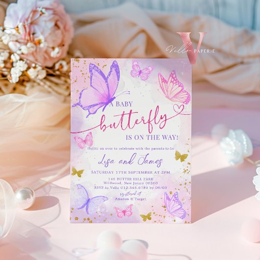 パープルピンク金ゴールドバタフライベビーシャワー招待状 招待状