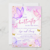 パープルピンク金ゴールドバタフライベビーシャワー招待状 招待状 (正面)