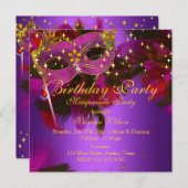 パープルピンク金ゴールドフェザーマスクマスカレードパーティー 招待状 (正面/裏面)