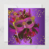 パープルピンク金ゴールドフェザーマスクマスカレードパーティー 招待状 (裏面)