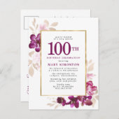 パープルピンク金ゴールドフローラ100誕生日 インビテーションポストカード (正面/裏面)