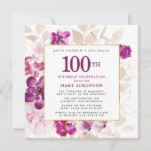 パープルピンク金ゴールドフローラ100誕生日 招待状 (正面)