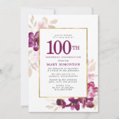 パープルピンク金ゴールドフローラ100誕生日 招待状 (正面)