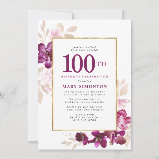 パープルピンク金ゴールドフローラ100誕生日 招待状 (正面)