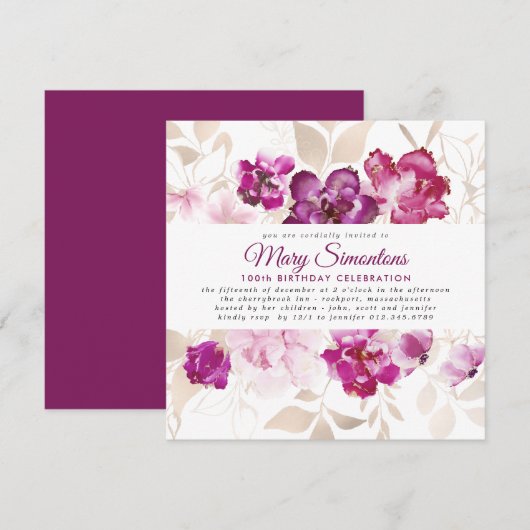 パープルピンク金ゴールドフローラ100th誕生日パーティー 招待状 (正面/裏面)