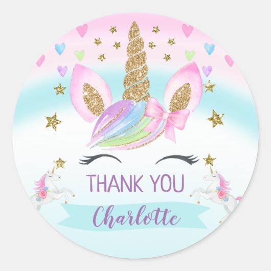 パープルピンク金ゴールドユニコーン誕生日フェイスステッカー ラウンドシール (正面)