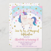 パープルピンク金ゴールドユニコーン誕生日招待状 招待状 (正面/裏面)