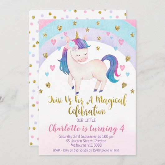 パープルピンク金ゴールドユニコーン誕生日招待状 招待状 (正面/裏面)