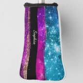 パープルピンク青グリッター星ブラシストローク名 ゴルフヘッドカバー (回転90)