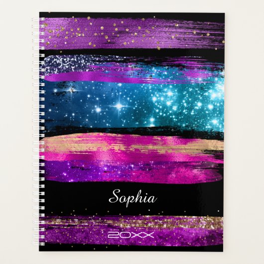 パープルピンク青グリッター星ブラシストローク名 プランナー手帳 (正面)