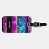 パープルピンク青グリッター星ブラシストローク名 ラゲッジタグ (正面横)