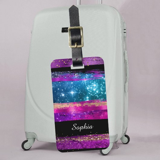 パープルピンク青グリッター星ブラシストローク名 ラゲッジタグ