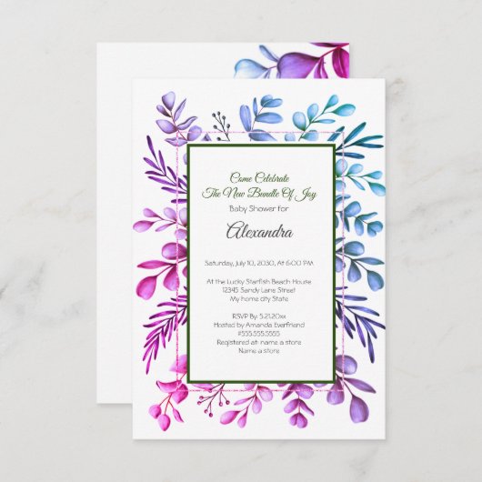 パープルピンク青ユーカリプスベビーシャワー招待 (正面/裏面)