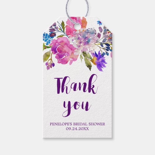 パープルピンク&ブルーフラワーズブライダルシャワーありがとう ギフトタグ (正面)