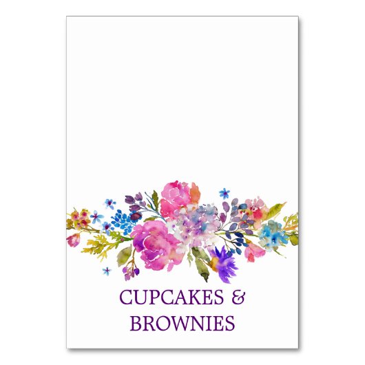 パープルピンク&ブルーフラワーブーケ食品テントカード テーブルナンバー (正面)