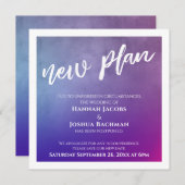 パープルピンク&ブルー延期結婚の新しいプランカード 招待状 (正面/裏面)