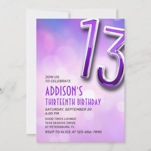 パープルピンク《写真》ぼけ味13番目の誕生日招待状 招待状 (正面)