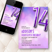 パープルピンク《写真》ぼけ味14番目の誕生日招待状 招待状