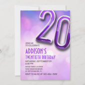 パープルピンク《写真》ぼけ味20番目の誕生日招待状 招待状 (正面)