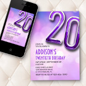 パープルピンク《写真》ぼけ味20番目の誕生日招待状 招待状