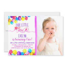 パープルピンクBALLOON girl 1st Birthday招待状